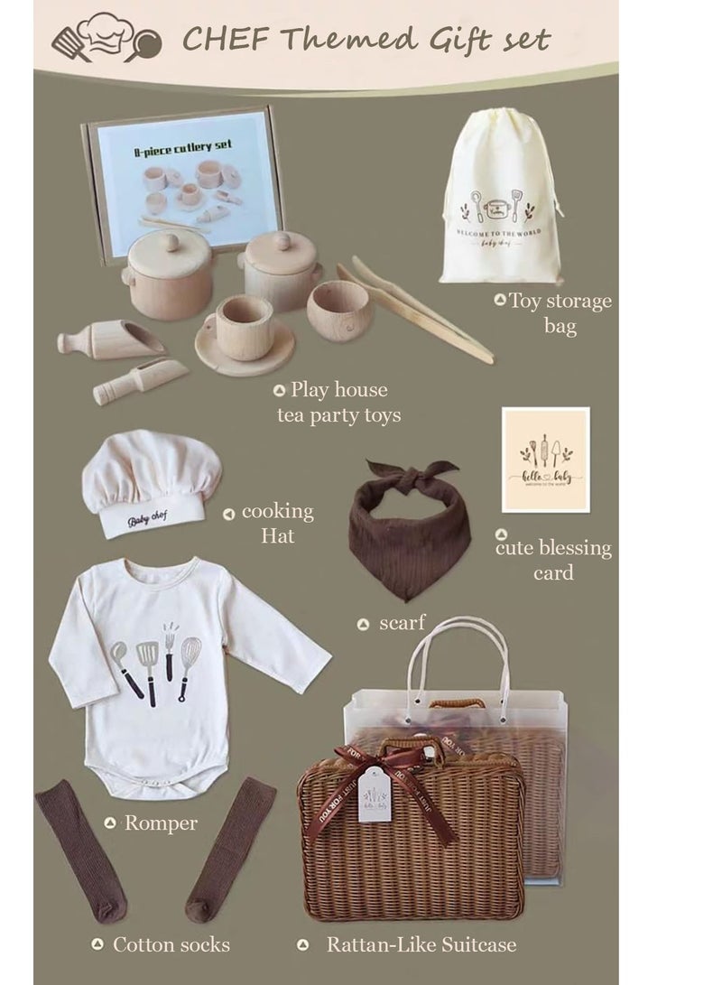 Baby Giftset for Newborn with Rompers and wooden toys in cute suitcase in Chef theme for Girls and Boys - Image 5