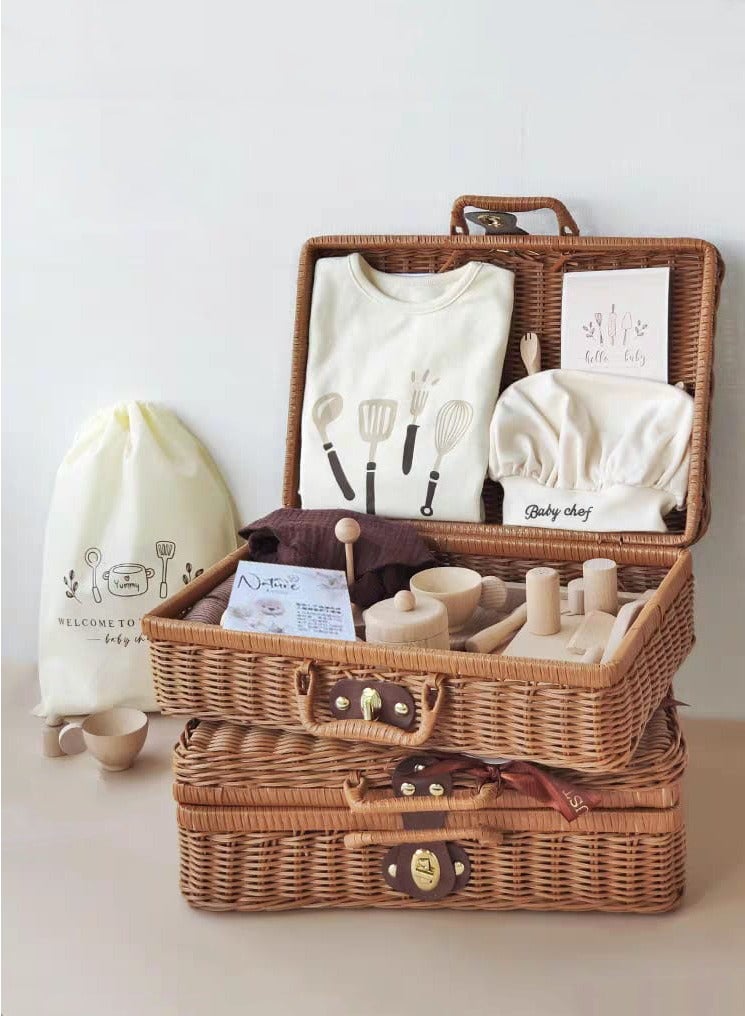 Baby Giftset for Newborn with Rompers and wooden toys in cute suitcase in Chef theme for Girls and Boys - Image 1