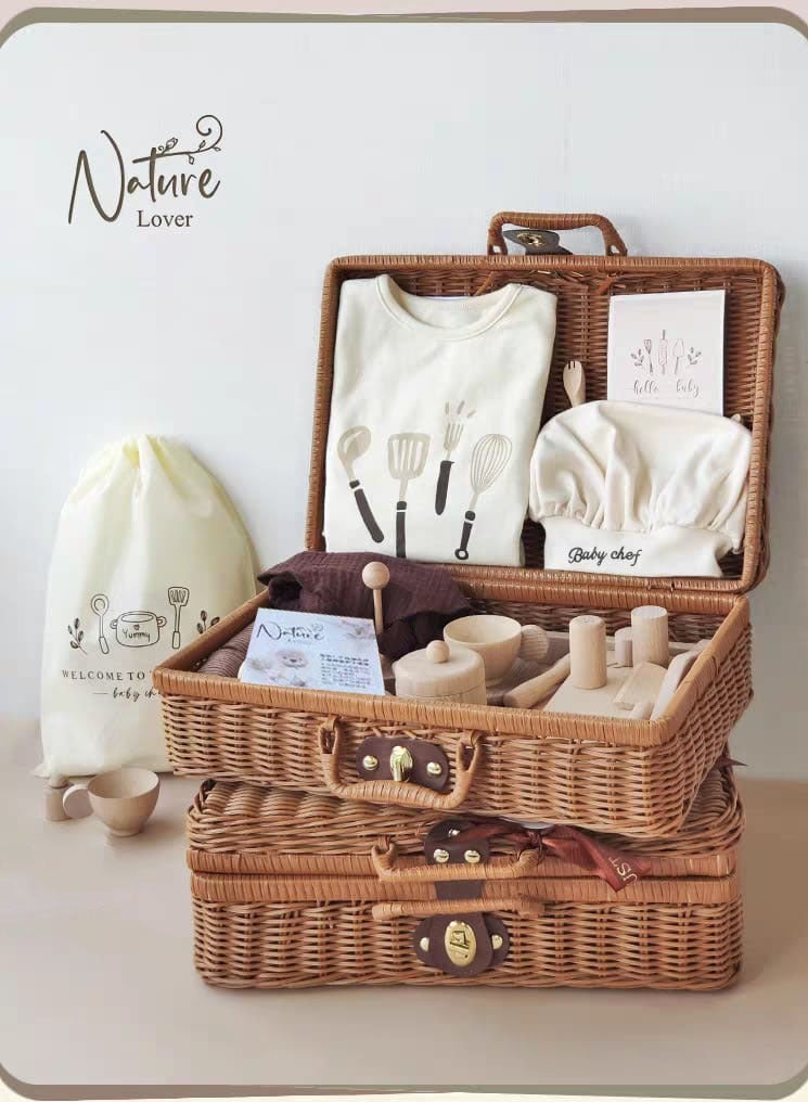 Baby Giftset for Newborn with Rompers and wooden toys in cute suitcase in Chef theme for Girls and Boys - Image 4