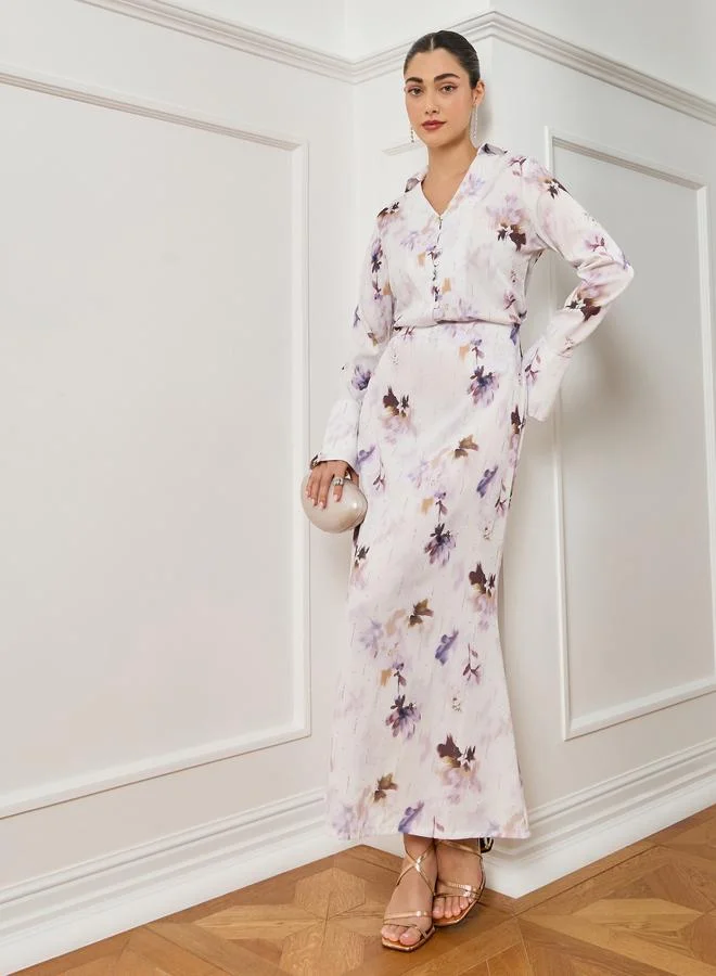 Styli Women Off-White Floral Print Long Sleeve Blouse