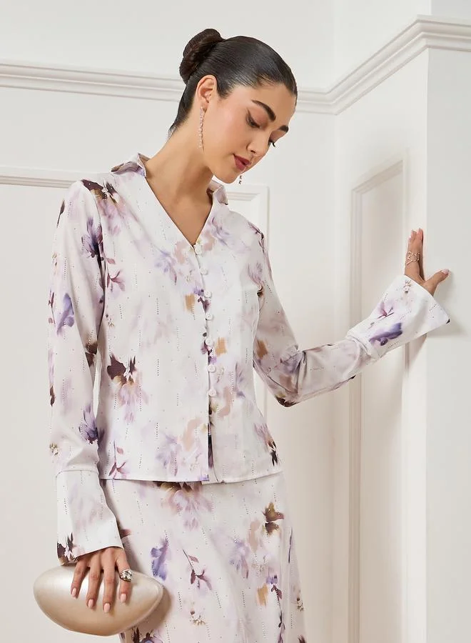 Styli Women Off-White Floral Print Long Sleeve Blouse