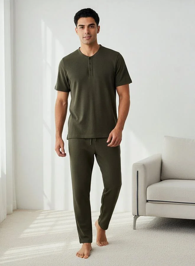 سبلاش فيڤ طقم بيجامة رجالي قطن بياقة هينلي بنقشة وافل