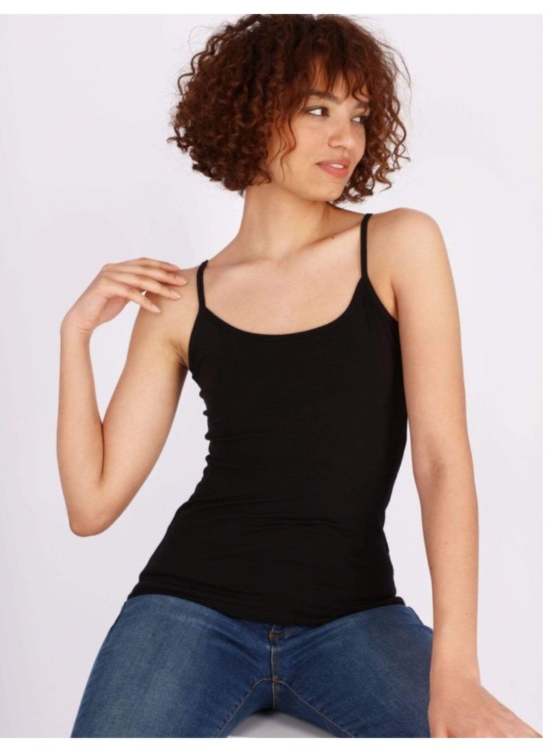 Mesery Cotton Stretch Plain Spaghetti Top-BLack - Image 1