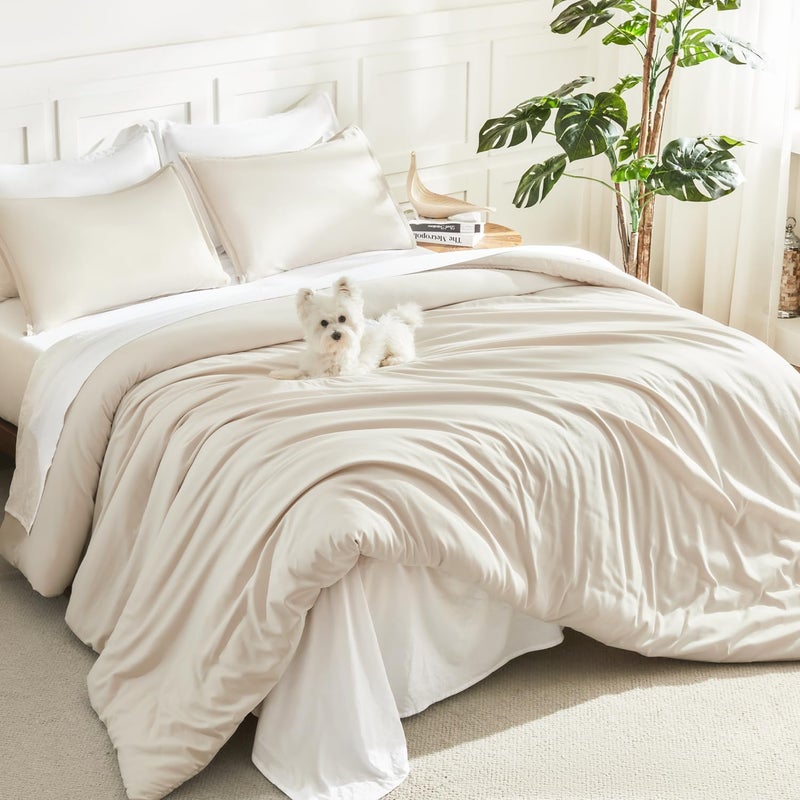 Litanika Beige Comforter Set California King Size, 3 Pieces Cal King Lightweight Solid Bedding Set & Collections, Oversized All Season Fluffy Bed Set (104x96In Comforter & 2 Pillowcases) - Image 1