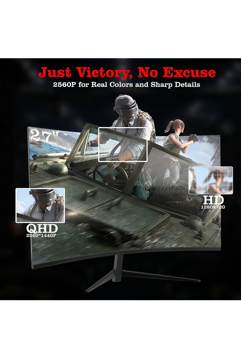 FlashHawk 2K 180Hz Curved Monitor with Speakers, 27 Inch QHD 2560x1440p 180/144Hz Gaming Monitor with AMD FreeSync, Flicker-Free, 2* HDMI 2.0, 2*DP 1.4, Ultra-Thin Frameless 1500R Screen PC Monitor - Image 2