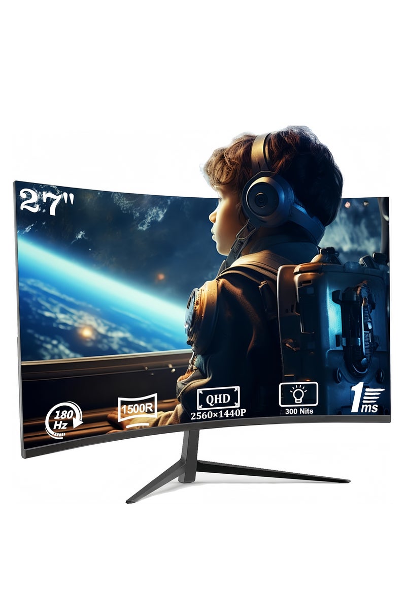 FlashHawk 2K 180Hz Curved Monitor with Speakers, 27 Inch QHD 2560x1440p 180/144Hz Gaming Monitor with AMD FreeSync, Flicker-Free, 2* HDMI 2.0, 2*DP 1.4, Ultra-Thin Frameless 1500R Screen PC Monitor - Image 1