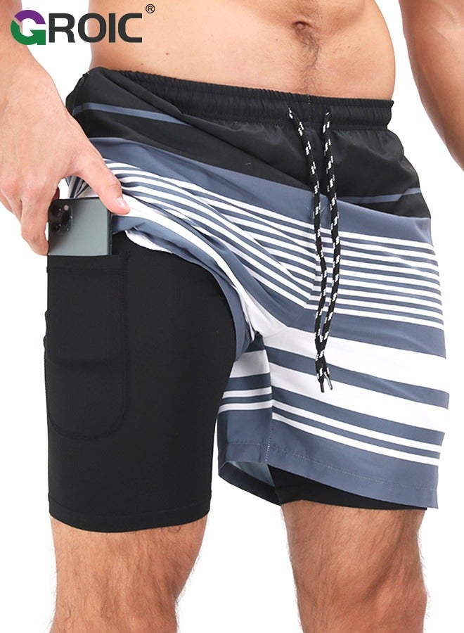 GROIC Men's Swim Trunks, Quick Dry Men Swimming Trunks with Compression Liner Bathing Suit Swim Shorts with Zip Pockets, Hawaiian Beach Shorts Trunks for Swimming, Surfing, Diving, Beach Vacations，XL - Image 1