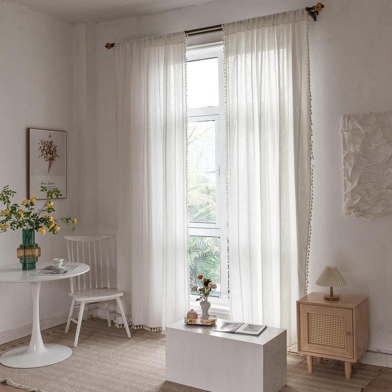 BCLBUSTE Boho Curtains Semi-Blackout 84 Inch 2 Panels for Living Room, Linen Tassels Farmhouse Curtains with Embroidery for Bedroom Rod Pocket Draperies 52" W x 84" L, Off White - Image 3