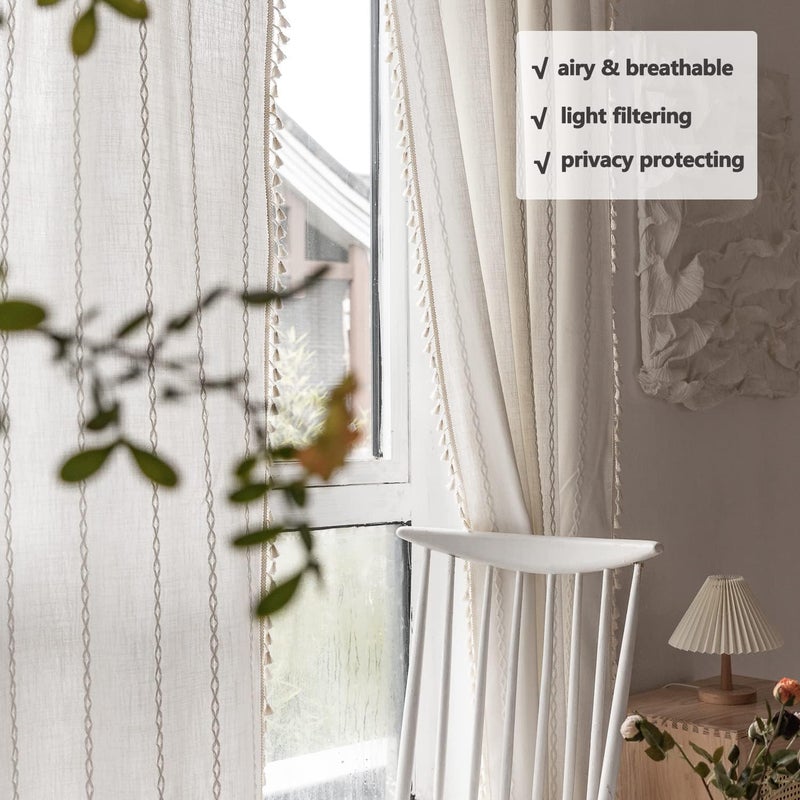 BCLBUSTE Boho Curtains Semi-Blackout 84 Inch 2 Panels for Living Room, Linen Tassels Farmhouse Curtains with Embroidery for Bedroom Rod Pocket Draperies 52" W x 84" L, Off White - Image 4