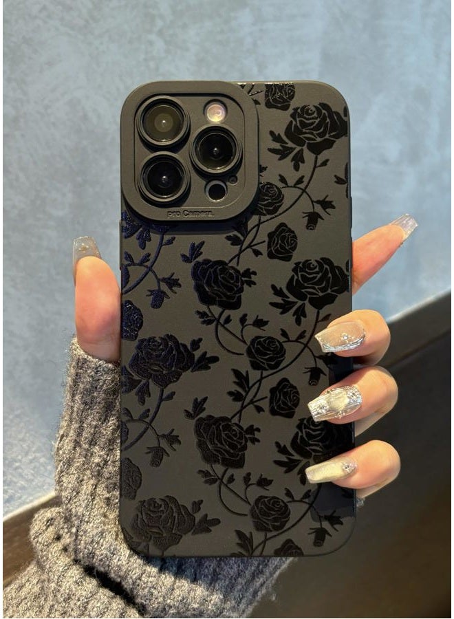 Jusnfu for iPhone 16 Pro Case 6.3 Inch 2024, Aesthetic Rose Floral Print Phone Case for Women Girls Men, Slim Silicone Protective Phone Cover for iPhone 16 Pro, Black Flower - Image 1