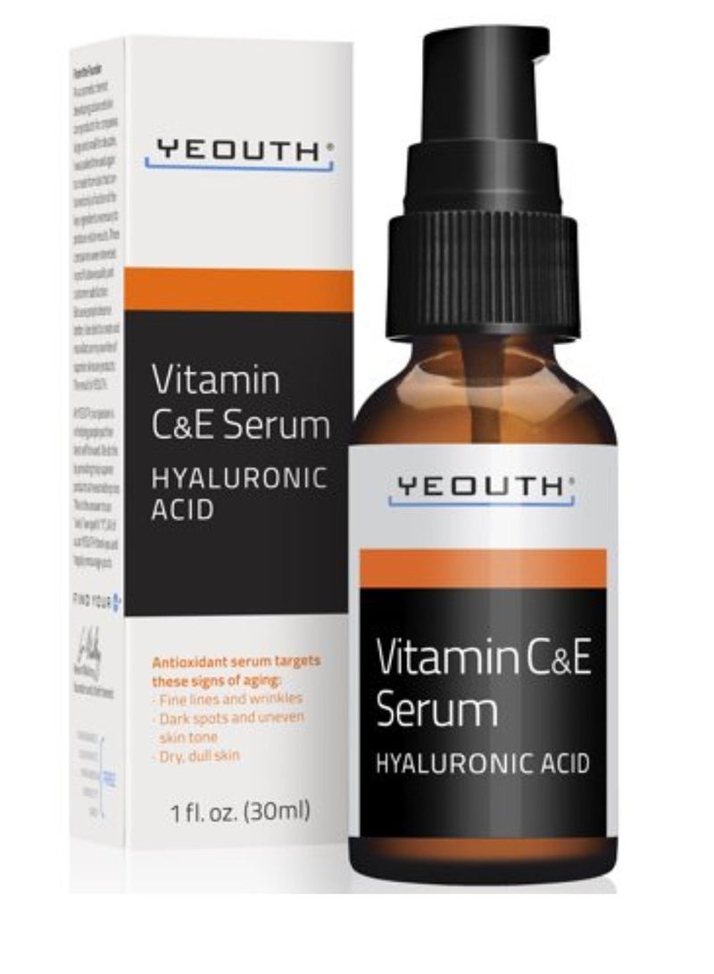 Yeouth Vitamin C and E with Hyaluronic Acid Antioxidant Serum Target Sign of Aging Fine Lines Wrinkle Dark Spot Uneven Skin Tone Dry Dull Skin 30ml 