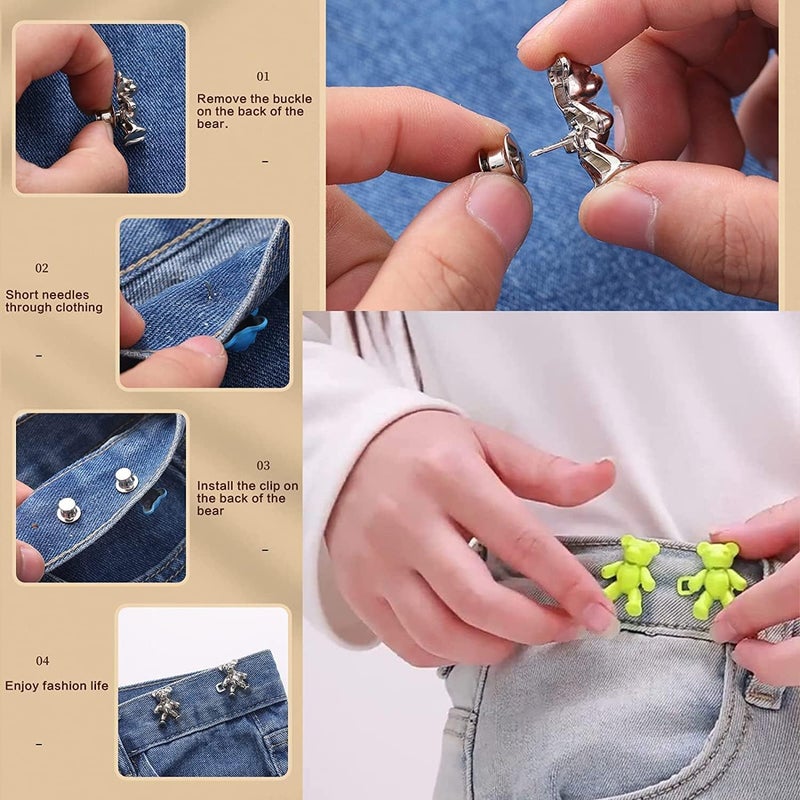 klarako Hugsklarakops Cute Adjustable Button Pins,Bear Buttons for Jeans,Cute Bear No-Sew Waist Button,Bear Clips for Pants (SetB-4PCS,S-34mm) - Image 5