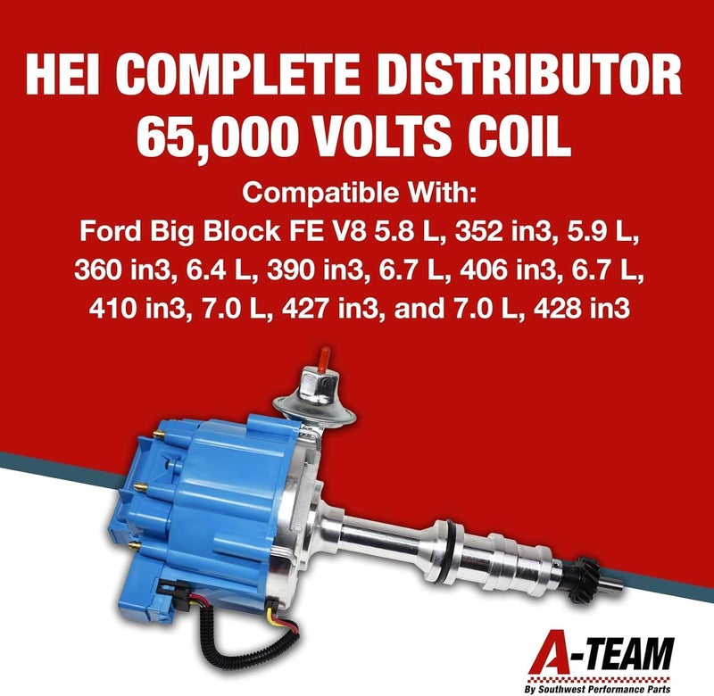 A-Team Performance 360 Ci HEI Distributor - Blue Cap 65kV Coil with Coil Wire & 1-Wire Setup - Performance Parts - Compatible with Ford FE V8 352/360/390 - Vac/Mech Advance & Vacuum Cap - Image 3