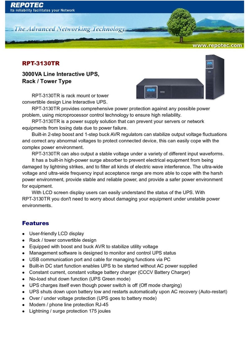 REPOTEC - RPT-3130TR: 3000VA Line Interactive UPS, Rack / Tower Type - Image 1