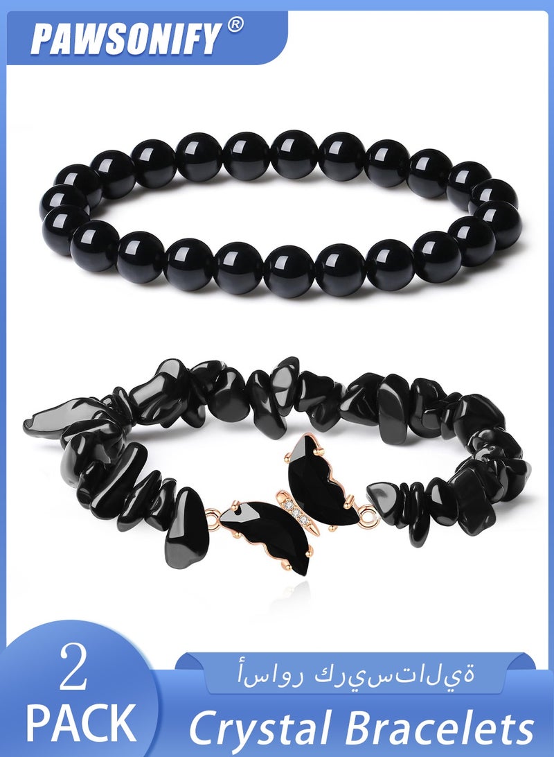 PAWSONIFY 2 PCS Crystal Beaded Bracelets, Natural Gemstone  8mm Crystal Beaded Bow Gemstone Bead Ladies Girls Bracelets Protection Lucky - Image 1
