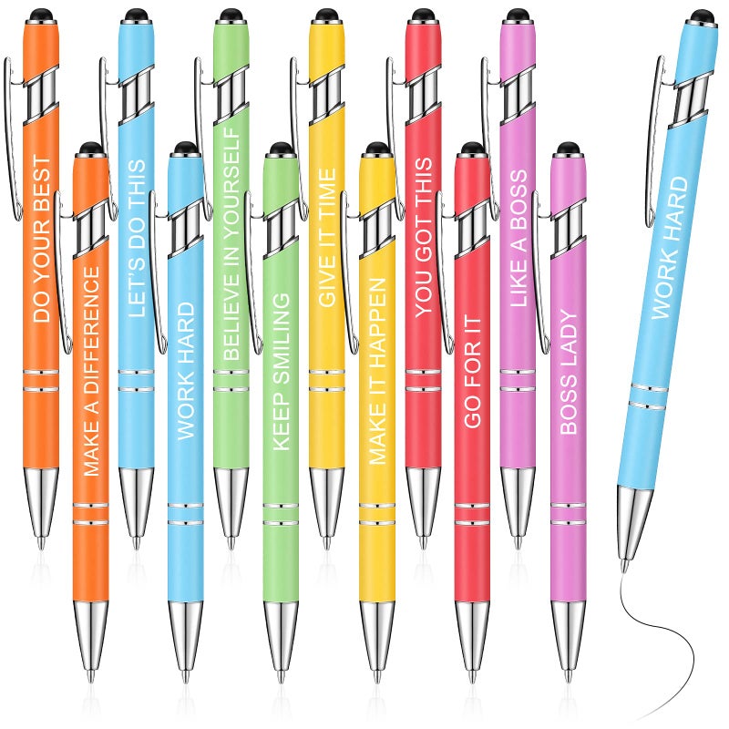 Zonon 12 Pcs Inspirational Pens Bulk Funny Ballpoint Pen with Stylus Tip Motivational Gifts for Christmas Teacher Coworkers Nurse School Office Supplies(Macaron Boss Lady) - Image 1