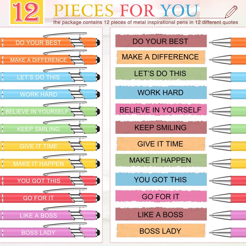 Zonon 12 Pcs Inspirational Pens Bulk Funny Ballpoint Pen with Stylus Tip Motivational Gifts for Christmas Teacher Coworkers Nurse School Office Supplies(Macaron Boss Lady) - Image 3