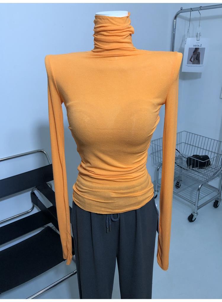 Match hao unique child ~ thin soft high collar micro-transparent long sleeve T-shirt pile collar base shirt jacket Orange 
