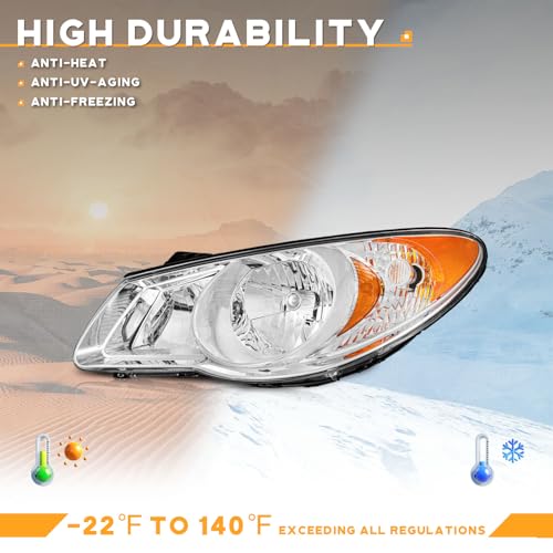 WEELMOTO Headlights for 2007-2009 Hyundai Elantra Headlight Assembly Compatible with 2007 2008 2009 Hyundai Elantra Headlamp Replacement Chrome Housing Amber Reflector with Blubs - Image 5