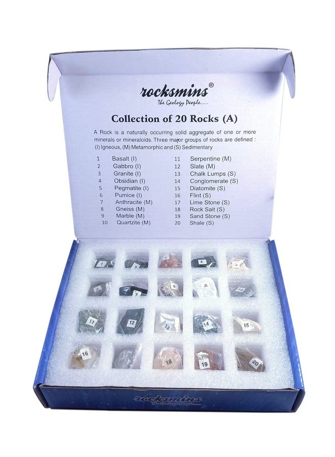 rocksmins Ro20Pt Rocks Collection Set Of 20 For Students Of School Education Igneous Sedimentary Metamorphic Samples Collections Introductory Activity Geology Earth Science Volcanic Stones - Image 1