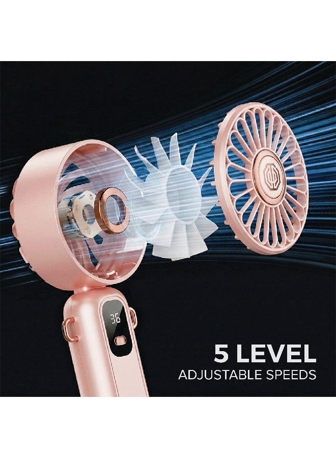 تراندز مروحة يدوية صغيرة بخمس سرعات مع شاشة LED، وبطارية 1200 مللي أمبير، وفتحة لحامل الهاتف - مروحة قابلة للطي وقابلة لإعادة الشحن عبر منفذ USB من النوع C، مناسبة للمنزل والمكتب والسفر - لون وردي - Image 3