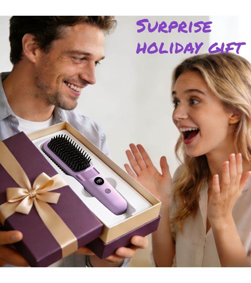 Purple Portable Wireless Straightening Comb USB Rechargeable 3 Temperature Settings Negative Ion LED Display Travel - Image 3