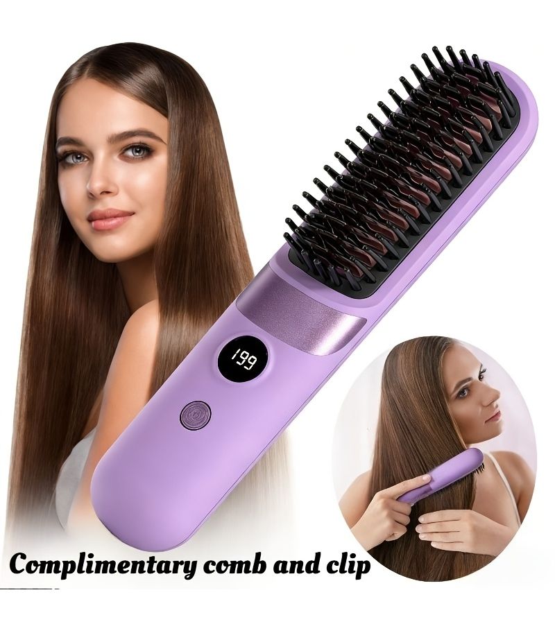 Purple Portable Wireless Straightening Comb USB Rechargeable 3 Temperature Settings Negative Ion LED Display Travel - Image 4
