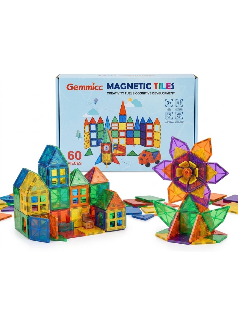 Gemmicc 60 Pieces Magnetic Tiles Building Set for Kids – Colorful Magnetic Construction Blocks with Squares, Triangles, Windows & Special Building Pieces – STEM Educational Toy for Creative 2D & 3D Play - Image 1