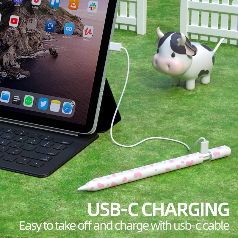 JOOSKO Cow Print Pencil Case for Apple Pencil (USB-C), Comfortable Grip, Side Thin Silicone Sleeve, Supports Magnetic Attachment. (Pink) - Image 3