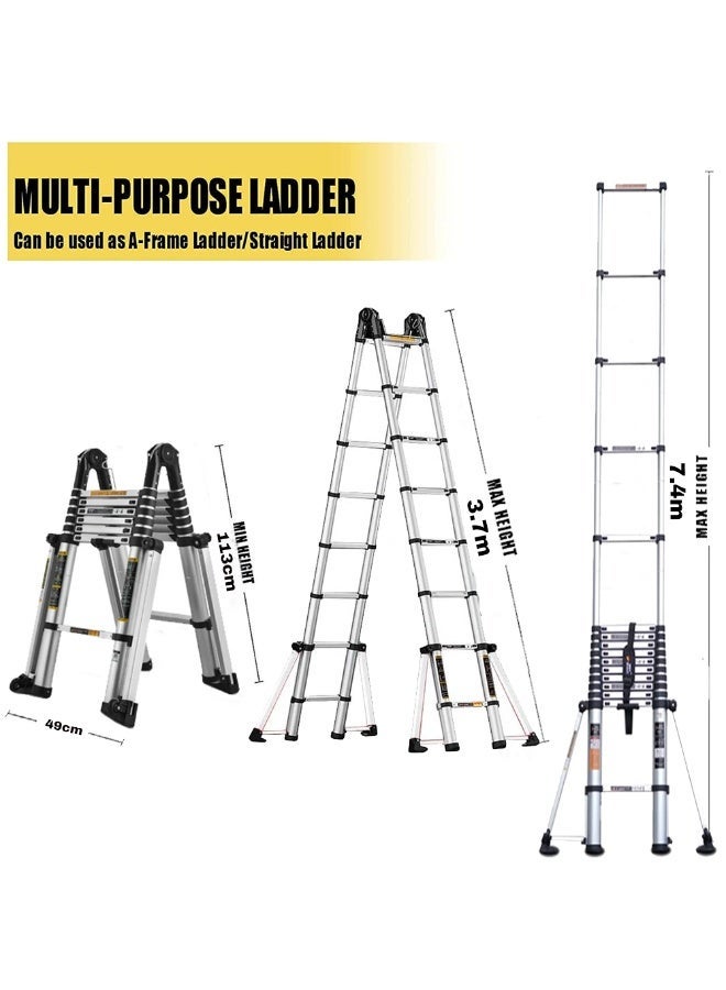 VTC 7.4M Double Telescopic Aluminum Ladder, Foldable Multi-Purpose Ladder with Wheels and Extra Stabilizing Supports - Image 2