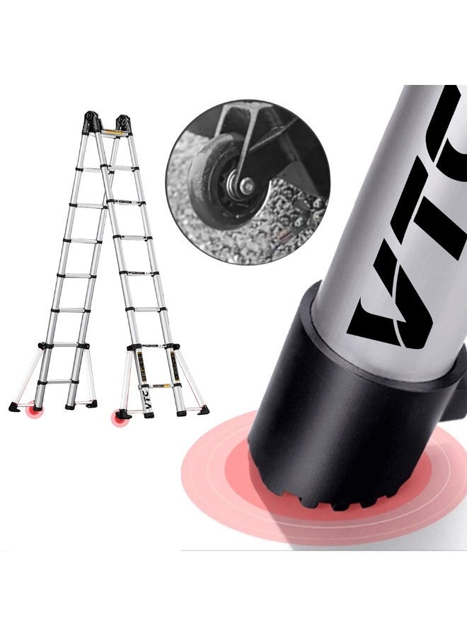 VTC 7.4M Double Telescopic Aluminum Ladder, Foldable Multi-Purpose Ladder with Wheels and Extra Stabilizing Supports - Image 4