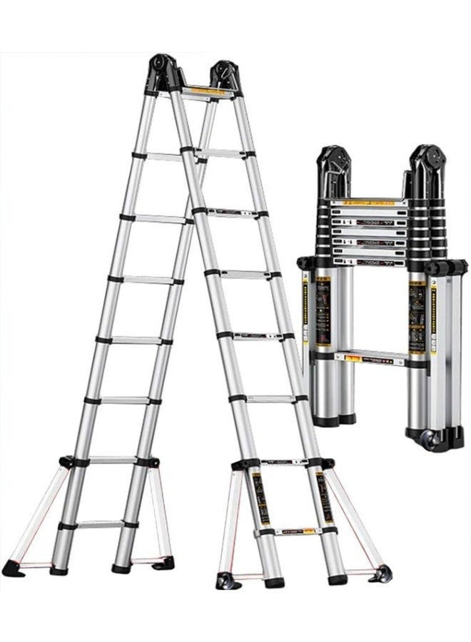 VTC 7.4M Double Telescopic Aluminum Ladder, Foldable Multi-Purpose Ladder with Wheels and Extra Stabilizing Supports - Image 1