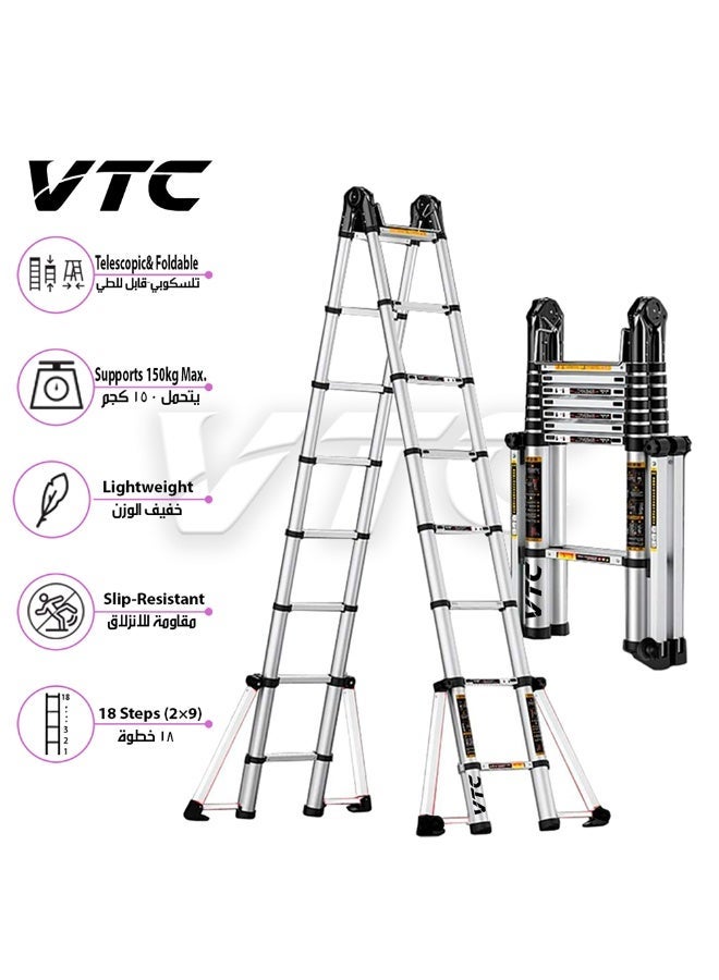VTC 7.4M Double Telescopic Aluminum Ladder, Foldable Multi-Purpose Ladder with Wheels and Extra Stabilizing Supports - Image 5