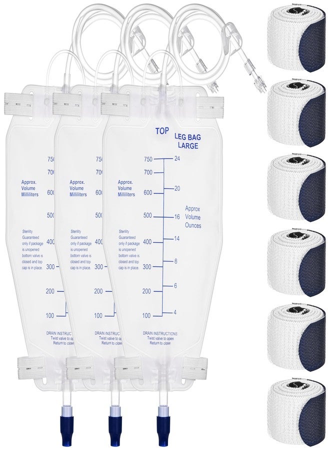Dedsio 750ml Nephrostomy Bags, 3 Pack Urine Drainage Bag, Clear Bags with 24" Silicone Tube, Twist Drain Valve, with 6 Pcs Soft Adjustable Leg Bag Straps for Secure Fit - Image 1
