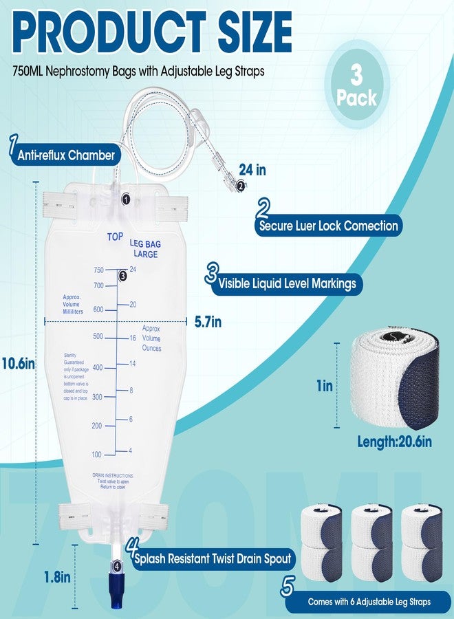 Dedsio 750ml Nephrostomy Bags, 3 Pack Urine Drainage Bag, Clear Bags with 24" Silicone Tube, Twist Drain Valve, with 6 Pcs Soft Adjustable Leg Bag Straps for Secure Fit - Image 3