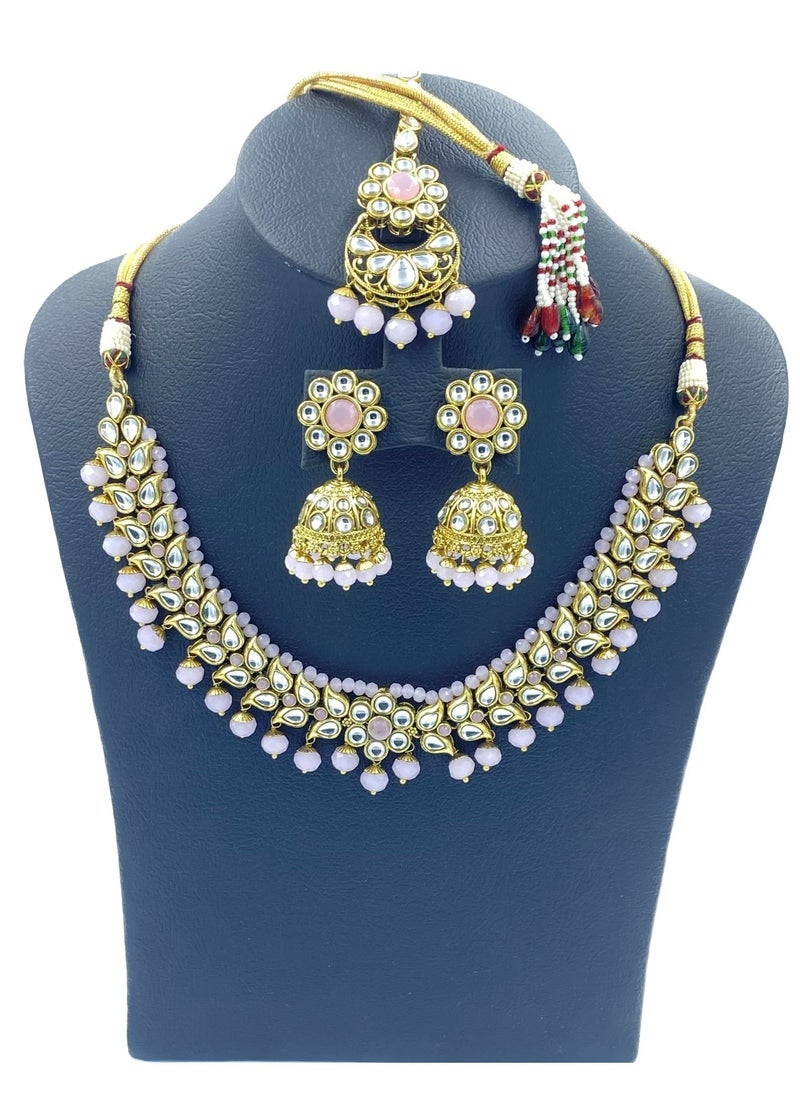 جوهونا قلادة مجوهرات كوندان الهندية التقليدية من GOHONA Royal Bling Bollywood مع مجموعة أقراط و 1 Tikka باللون الوردي  - Image 2