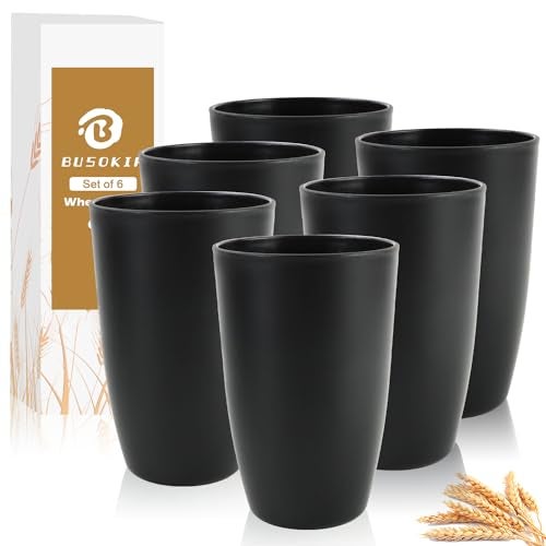 BUSOKIP 20 OZ Wheat Straw Cups SetS of 6, Unbreakable Drinking Cup, Alternative to Plastic Cups Reusable, Microwave & Dishwasher Safe Big Cup, Large Drinking Glasses for Kitchen, Party (Black) - Image 1