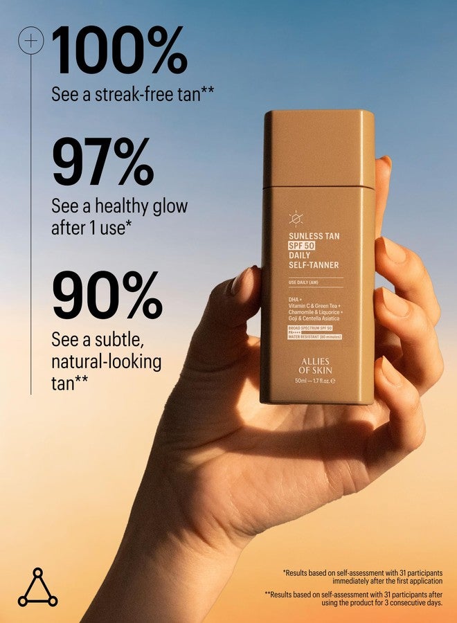 Allies of Skin أصدقاء البشرة واقي شمس يومي SPF 50 تان ذاتي يومي للوجه | تان طبيعي قابل للبناء مع واقي شمس وفيتامين C | تركيبة جل خفيفة لإنهاء خالي من الخطوط وتألق (1.7 أونصة سائلة) - Image 4