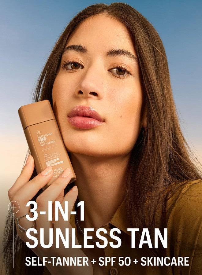 Allies of Skin أصدقاء البشرة واقي شمس يومي SPF 50 تان ذاتي يومي للوجه | تان طبيعي قابل للبناء مع واقي شمس وفيتامين C | تركيبة جل خفيفة لإنهاء خالي من الخطوط وتألق (1.7 أونصة سائلة) - Image 2