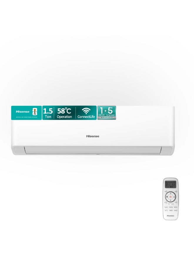 Hisense 1.5 Ton Split Air Conditioner,18000 BTU with Rotary R410A compressor,LED Hidden Display,4D Airflow,Sleep Anti-Midew Running,ESMA 2 Star Energy saving, Wifi-Connect, Easy Clean,I Feel/Smart/Sleep mode,Timer,Cooling up to 58℃ Hi-18CF4SXTKA01 White