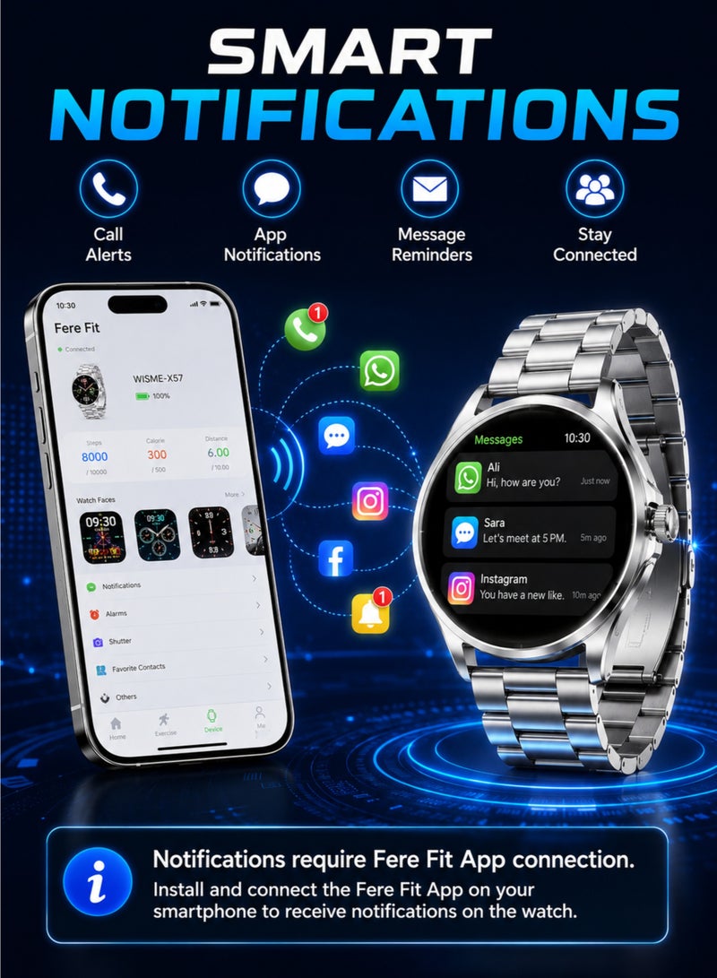 ويزمي ساعة X57 الذكية المقاومة للماء، شاشة AMOLED، مكالمات بلوتوث، 3 أحزمة، متتبع لياقة بدنية، متوافقة مع أندرويد وiOS، لون فضي - Image 4