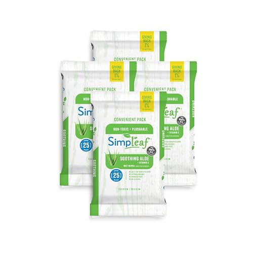 Simpleaf Flushable Wet Wipes Aloe Vera EcoFriendly Paraben Alcohol Free Hypoallergenic Safe for Sensitive Skin Soothing Aloe Formula 4 x 25 Counts Convenient Pack 100 Counts Total