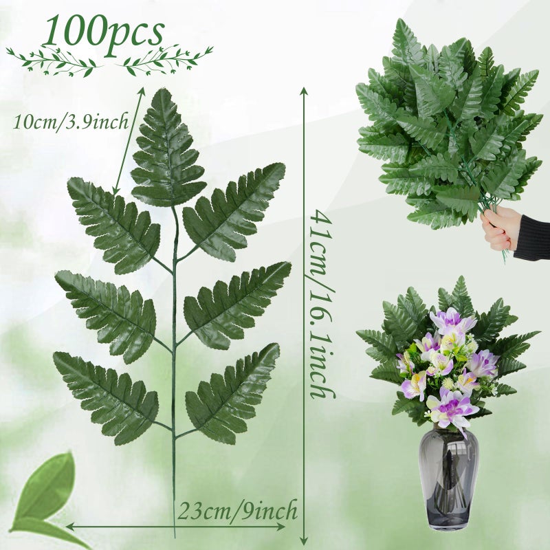 XONOR Artificial Silk Leaf Fern - Artificial Fern Leaves Stem Faux Greenery Plant for Cemetery Grave Headstone Wedding Home Garden Decoration (100Pcs, Dark Green) - Image 2
