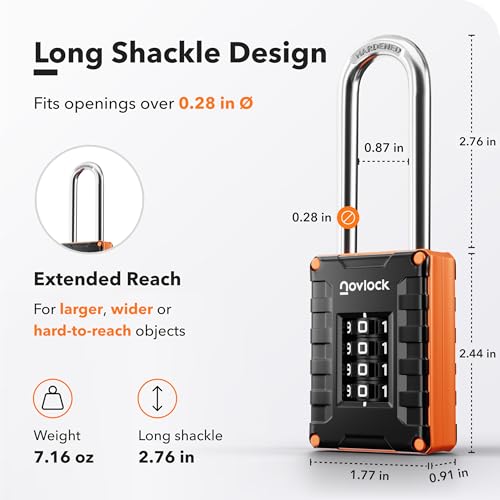 NOVLOCK 2.76 in Long Shackle Combination Lock | 4-Digit Padlock for Gym Locker, Cabinets, Toolboxes, Gates, Fences, Sheds | 1-Pack, Black/Orange - Image 2