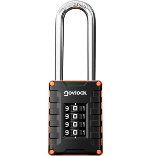NOVLOCK 2.76 in Long Shackle Combination Lock | 4-Digit Padlock for Gym Locker, Cabinets, Toolboxes, Gates, Fences, Sheds | 1-Pack, Black/Orange - Image 1