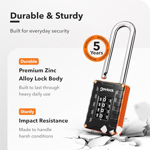 NOVLOCK 2.76 in Long Shackle Combination Lock | 4-Digit Padlock for Gym Locker, Cabinets, Toolboxes, Gates, Fences, Sheds | 1-Pack, Black/Orange - Image 3