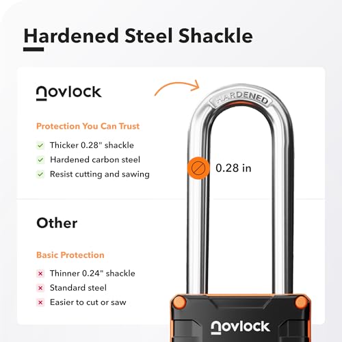 NOVLOCK 2.76 in Long Shackle Combination Lock | 4-Digit Padlock for Gym Locker, Cabinets, Toolboxes, Gates, Fences, Sheds | 1-Pack, Black/Orange - Image 4