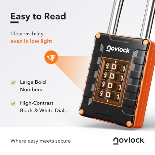 NOVLOCK 2.76 in Long Shackle Combination Lock | 4-Digit Padlock for Gym Locker, Cabinets, Toolboxes, Gates, Fences, Sheds | 1-Pack, Black/Orange - Image 5