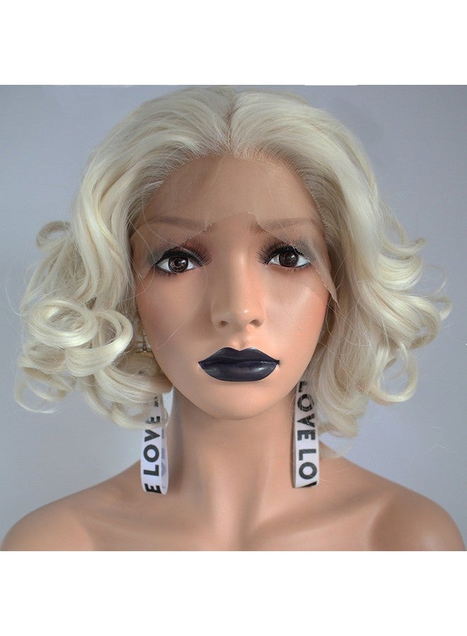 ANOGOL Hair Cap+Blonde Lace Front Wig Short Bob Curly Synthetic Hair Wigs For White Women Layered Hairstyles Platinum Blonde Lace Front Wig 613 Blonde Wig Synthetic Lace Front Wig For Custome Halloween Party - Image 3