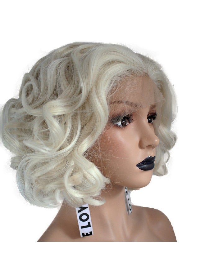 ANOGOL Hair Cap+Blonde Lace Front Wig Short Bob Curly Synthetic Hair Wigs For White Women Layered Hairstyles Platinum Blonde Lace Front Wig 613 Blonde Wig Synthetic Lace Front Wig For Custome Halloween Party - Image 2